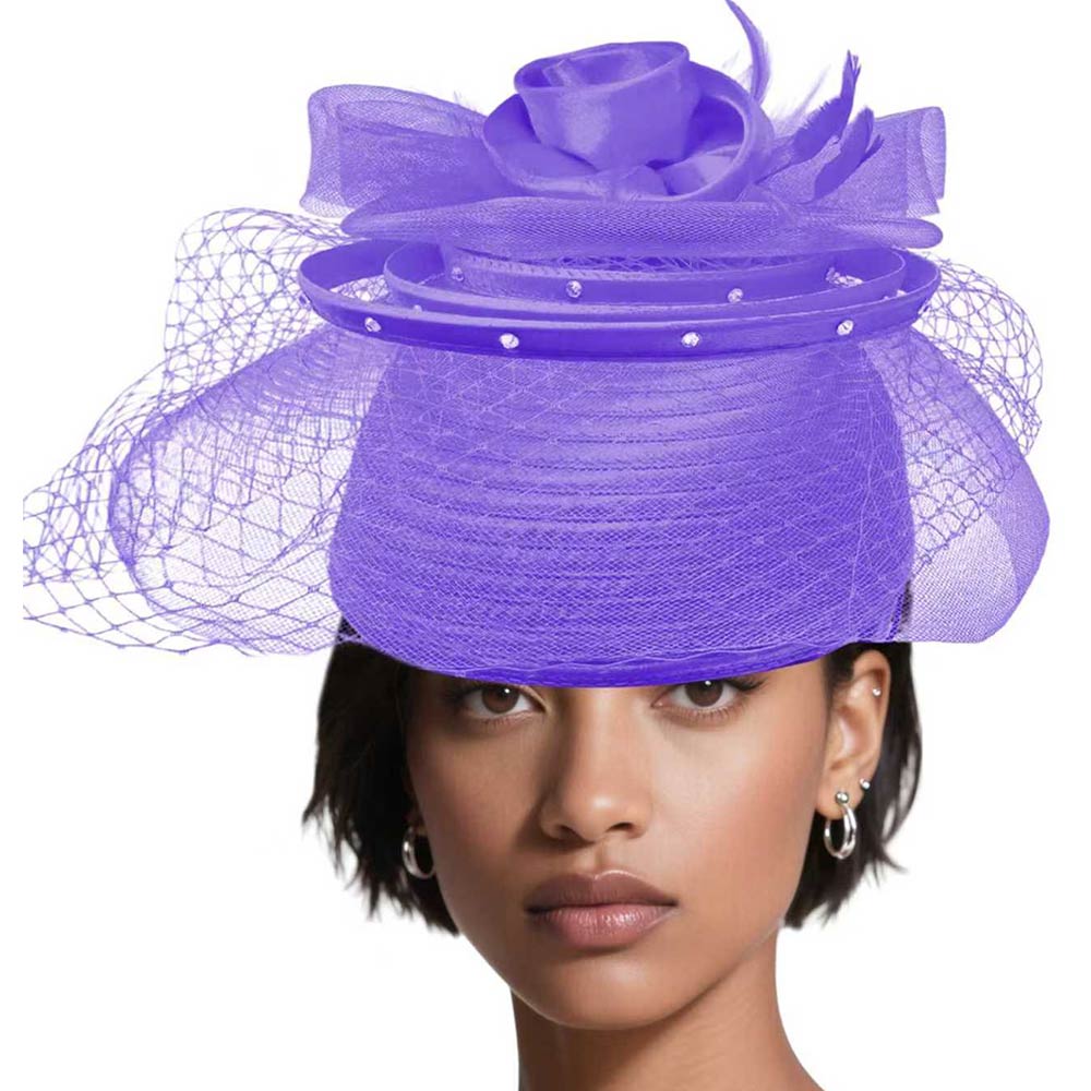 Elegant Floral Feather Accent Rhinestone Embellished Mesh Veil Fascinator Dressy Hat Lavender