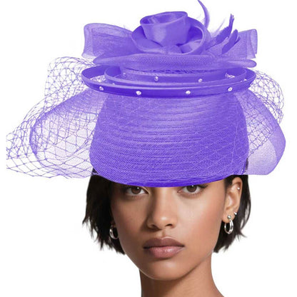 Elegant Floral Feather Accent Rhinestone Embellished Mesh Veil Fascinator Dressy Hat Lavender