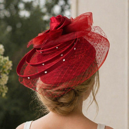 Elegant Floral Feather Accent Rhinestone Embellished Mesh Veil Fascinator Dressy Hat Red