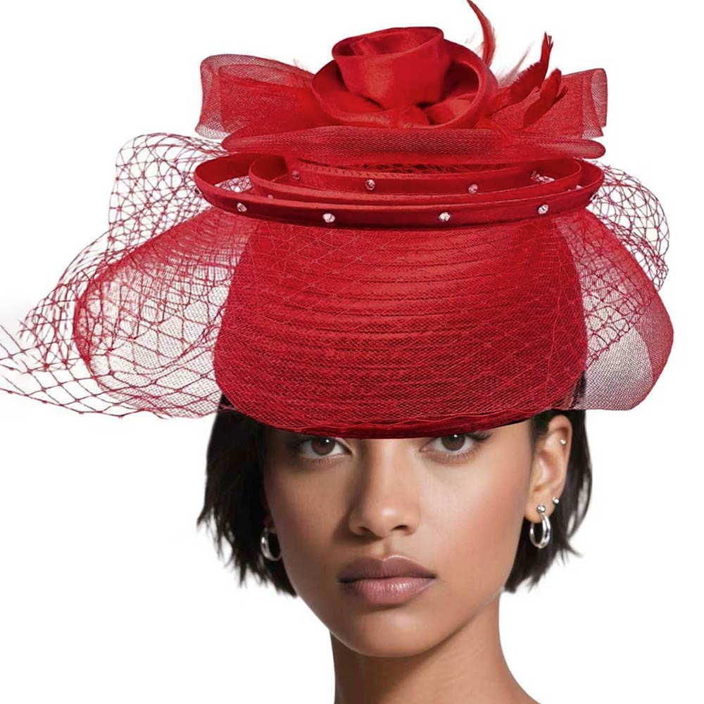 Elegant Floral Feather Accent Rhinestone Embellished Mesh Veil Fascinator Dressy Hat Red