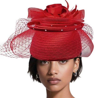 Elegant Floral Feather Accent Rhinestone Embellished Mesh Veil Fascinator Dressy Hat Red