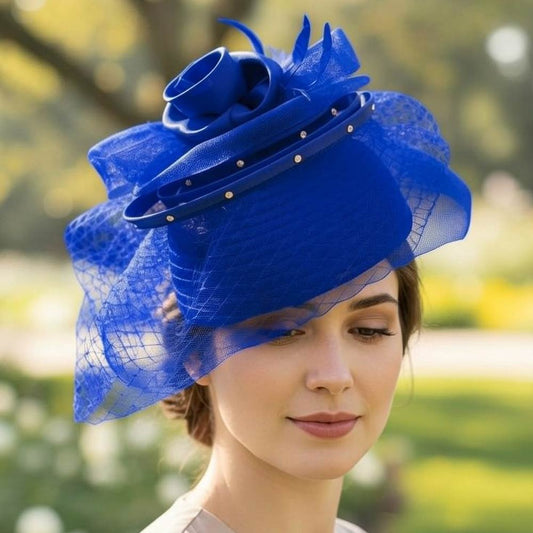 Elegant Floral Feather Accent Rhinestone Embellished Mesh Veil Fascinator Dressy Hat Royal Blue