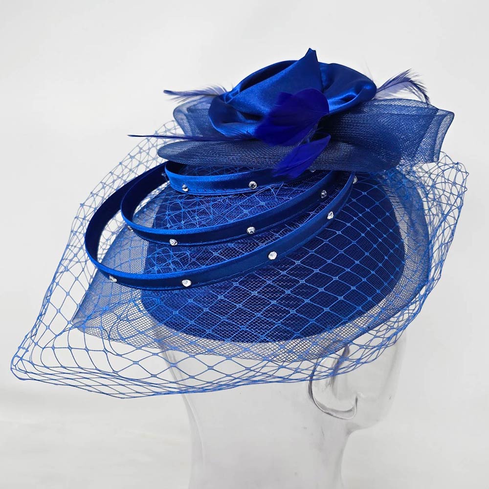 Elegant Floral Feather Accent Rhinestone Embellished Mesh Veil Fascinator Dressy Hat Royal Blue