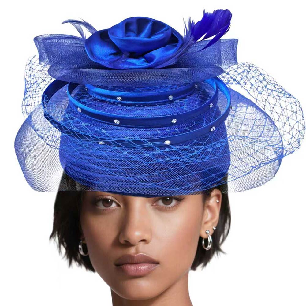 Elegant Floral Feather Accent Rhinestone Embellished Mesh Veil Fascinator Dressy Hat Royal Blue