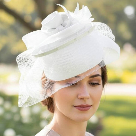 Elegant Floral Feather Accent Rhinestone Embellished Mesh Veil Fascinator Dressy Hat White