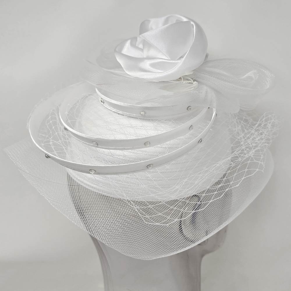 Elegant Floral Feather Accent Rhinestone Embellished Mesh Veil Fascinator Dressy Hat White