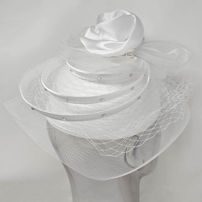 Elegant Floral Feather Accent Rhinestone Embellished Mesh Veil Fascinator Dressy Hat White