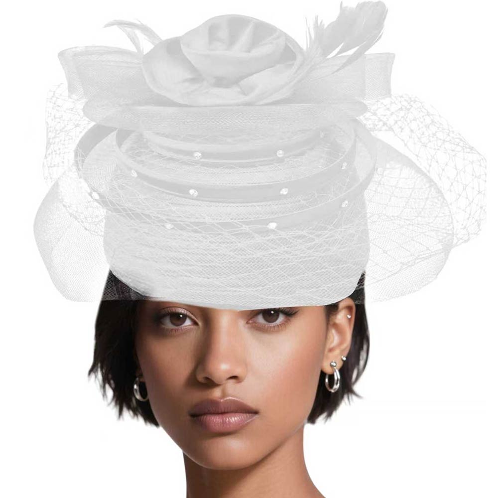 Elegant Floral Feather Accent Rhinestone Embellished Mesh Veil Fascinator Dressy Hat White