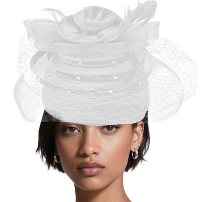 Elegant Floral Feather Accent Rhinestone Embellished Mesh Veil Fascinator Dressy Hat White