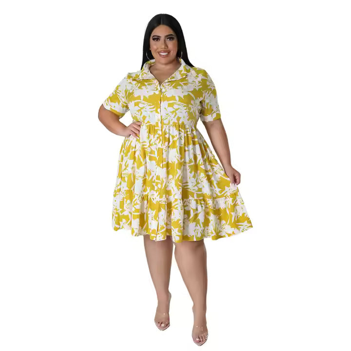 2025  Plus Size Dress Women's Printed Short Sleeved Skirt Casual Midi Pleated Dress