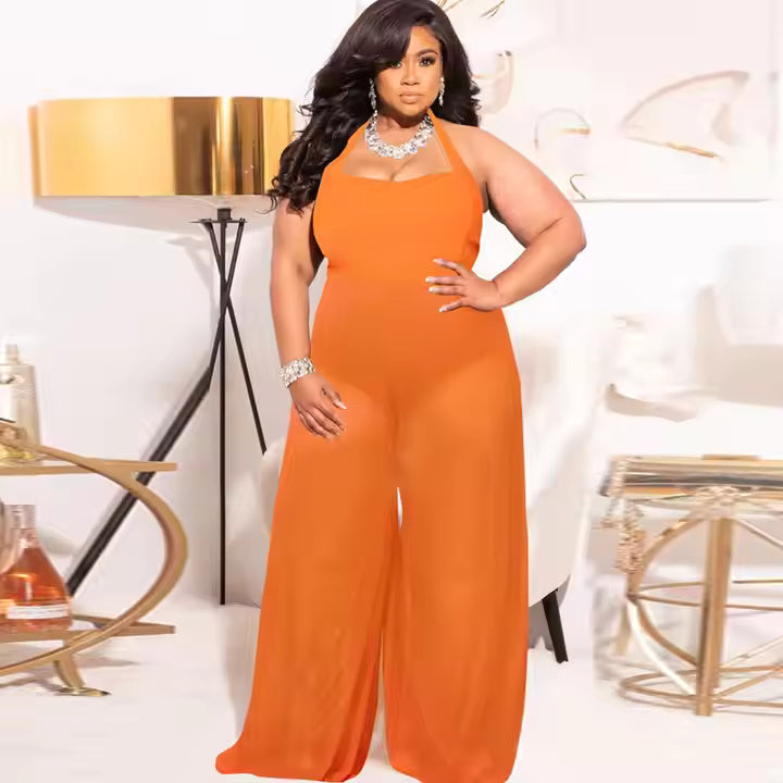 Popular Products Summer Women Plus Size Women's Clothing Loose Waist Sexy See-through Wide-leg Jumpsuit