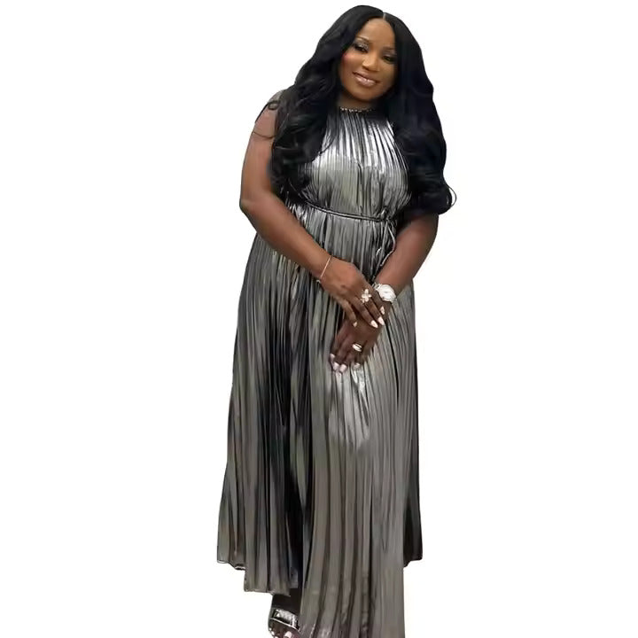 New 2025 Products Plus Size Women's Clothing Woven Solid Color Loose Sleeveless Slim Fit Pleated Dress