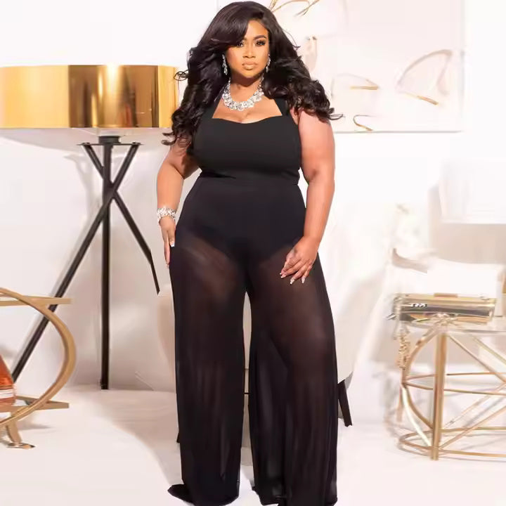 Popular Products Summer Women Plus Size Women's Clothing Loose Waist Sexy See-through Wide-leg Jumpsuit
