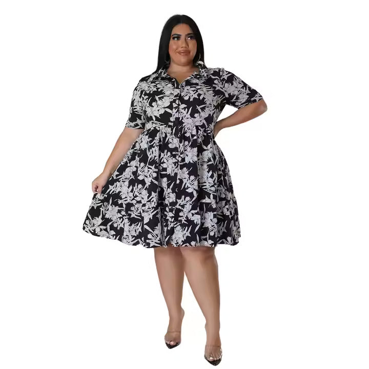 2025  Plus Size Dress Women's Printed Short Sleeved Skirt Casual Midi Pleated Dress