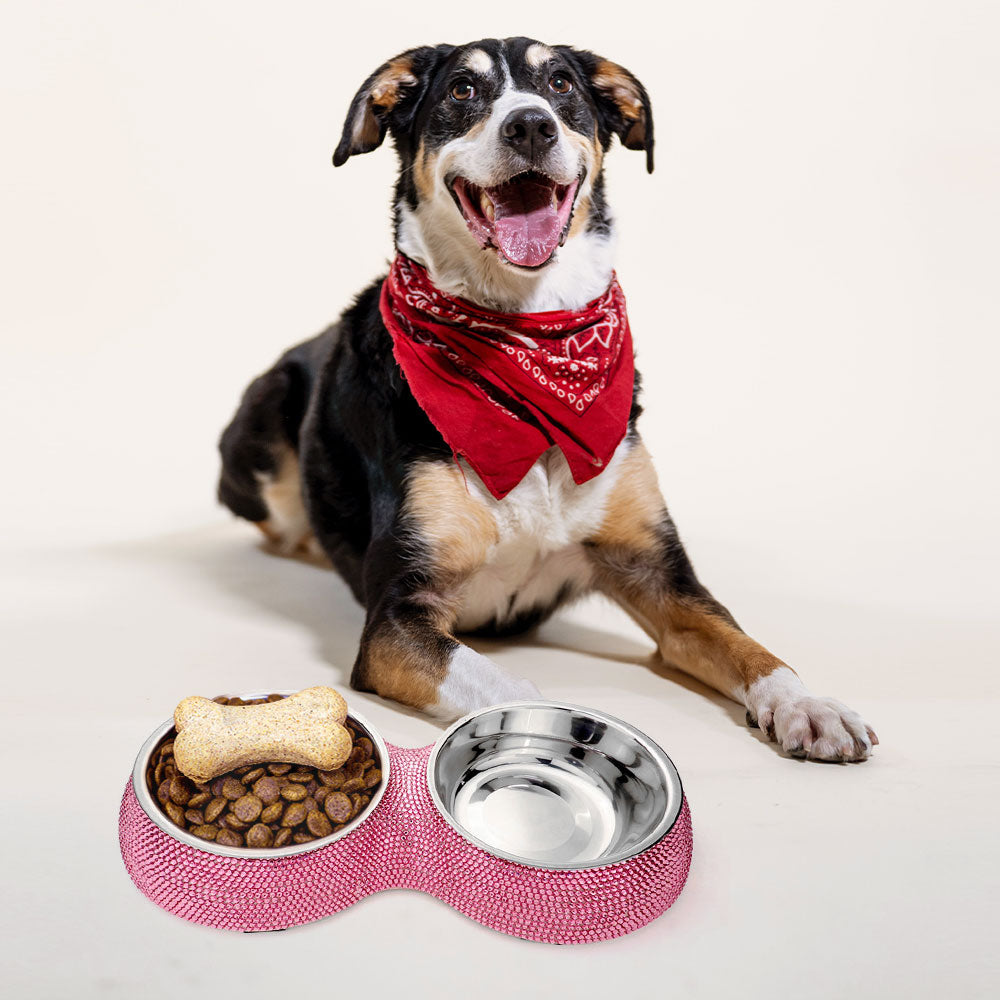 Pink Bling Stainless Steel Double Grid Pet Bowl