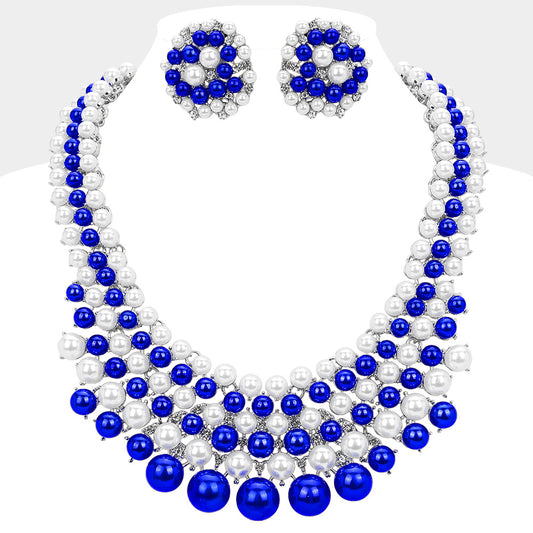 Royal Blue and White Pearl Pearl Embellished Collar Necklace