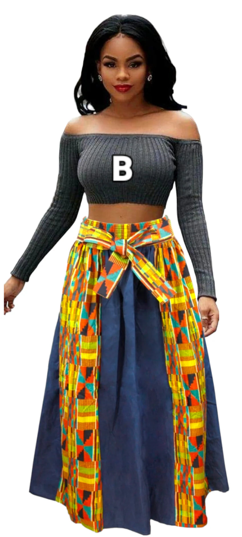 Kente & Denim Panel Skirt
