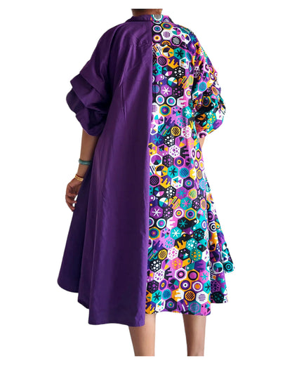 Swing Dress/ Cotton / Ruffle Sleeve - Two Tone