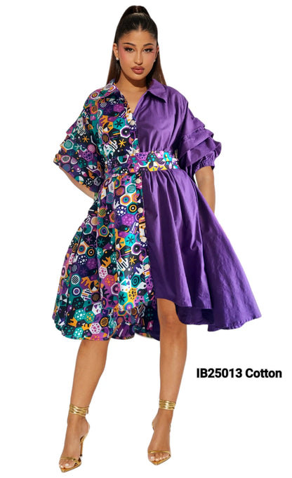 Swing Dress/ Cotton / Ruffle Sleeve - Two Tone
