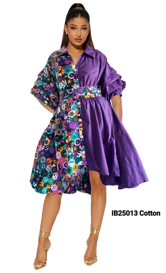 Swing Dress/ Cotton / Ruffle Sleeve - Two Tone