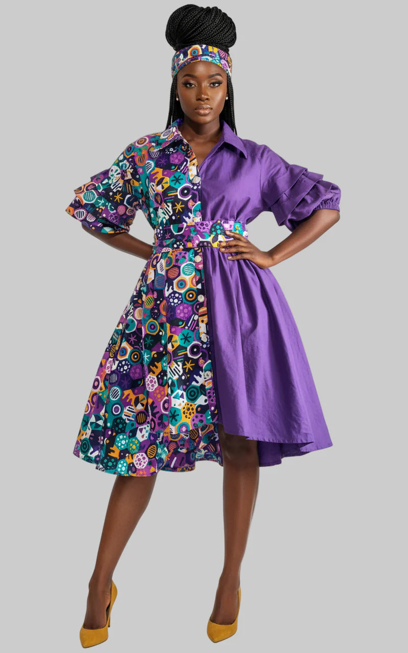 Swing Dress/ Cotton / Ruffle Sleeve - Two Tone