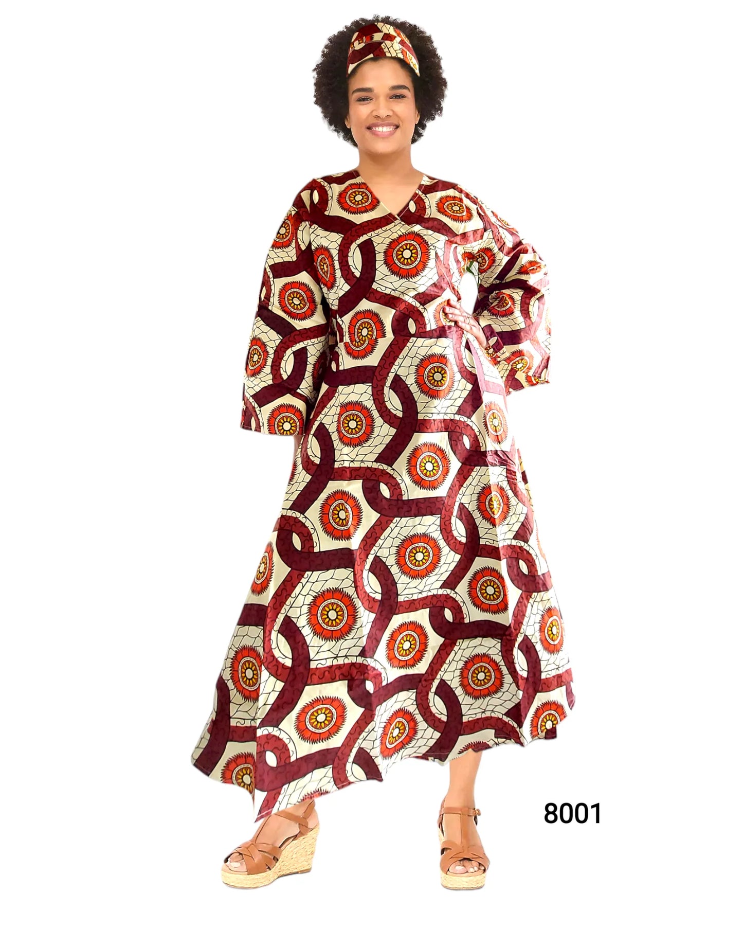 Wrap Dress With Bell Sleeves- Cream/Brown