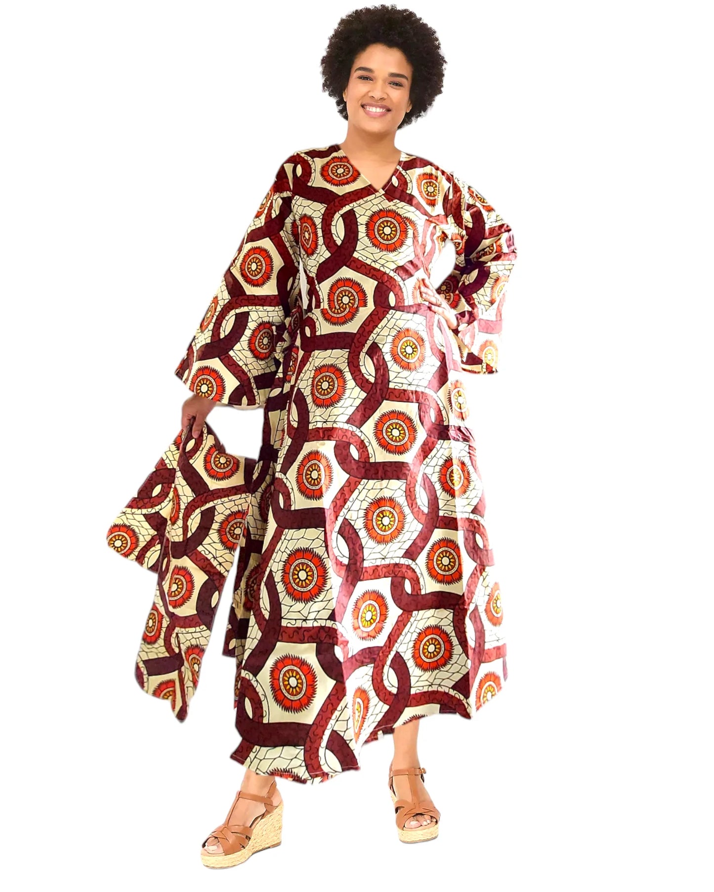 Wrap Dress With Bell Sleeves- Cream/Brown