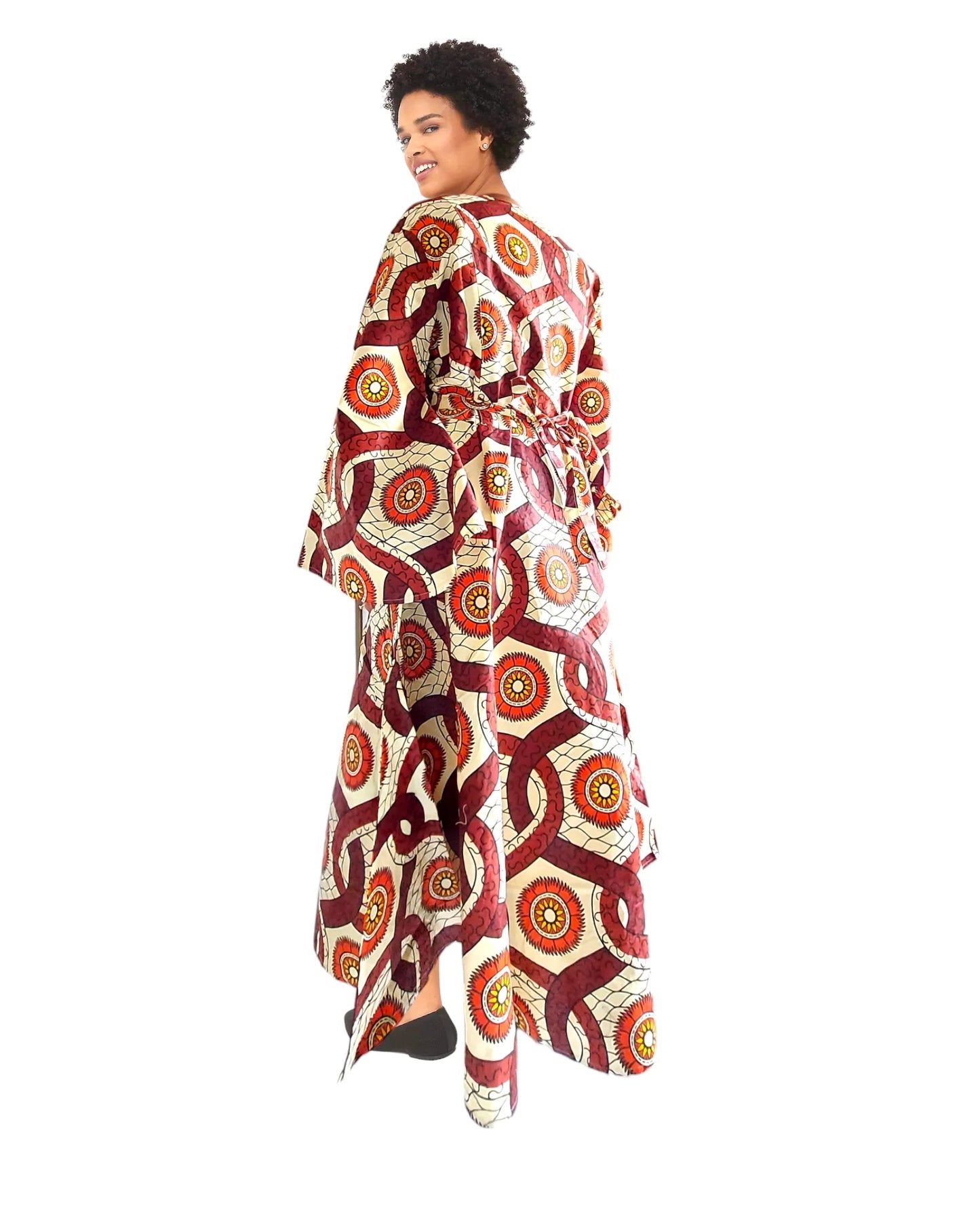 Wrap Dress With Bell Sleeves- Cream/Brown