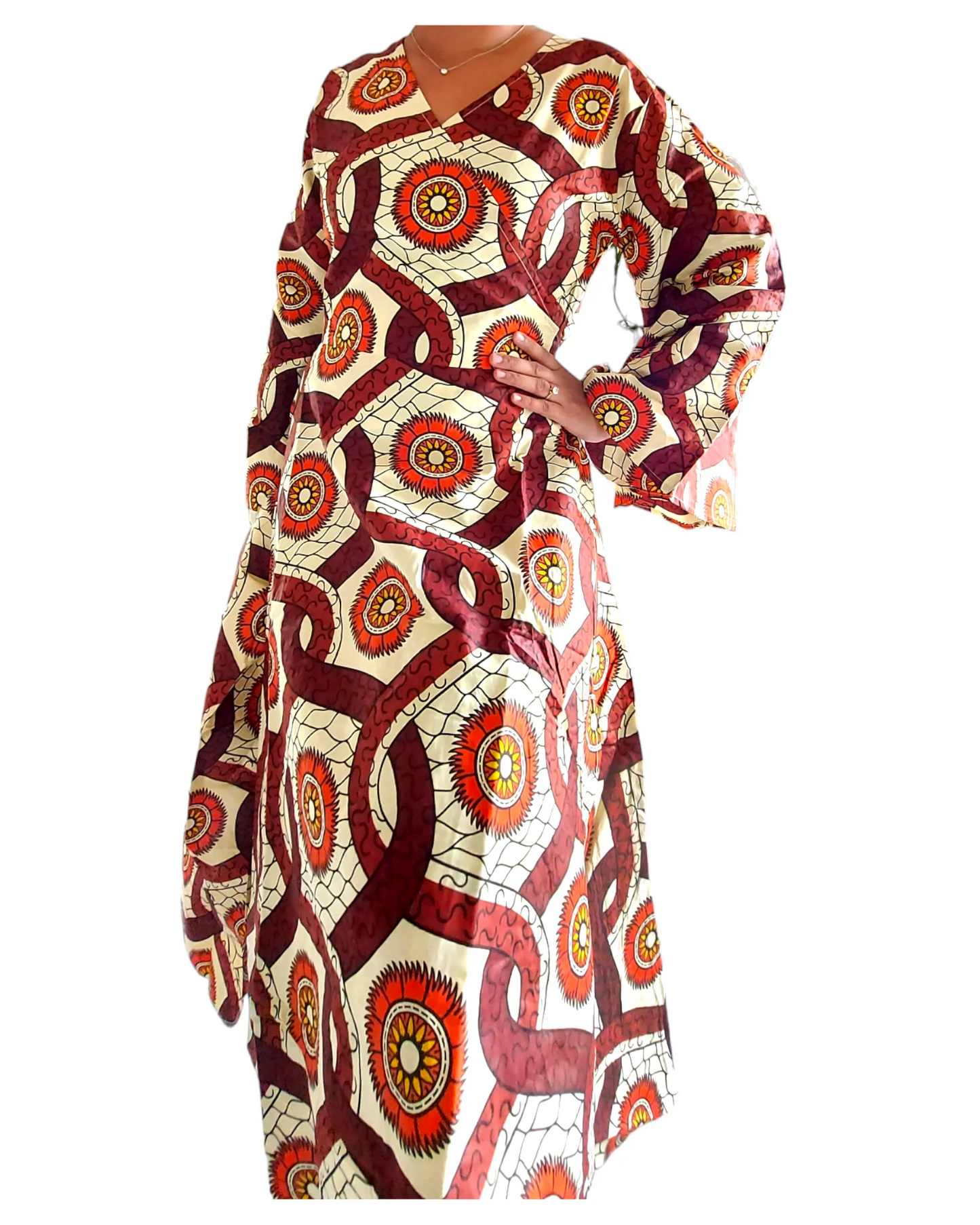 Wrap Dress With Bell Sleeves- Cream/Brown