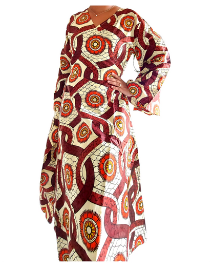 Wrap Dress With Bell Sleeves- Cream/Brown