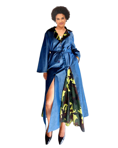 Denim Kimono Panel Dress - Camouflage Print