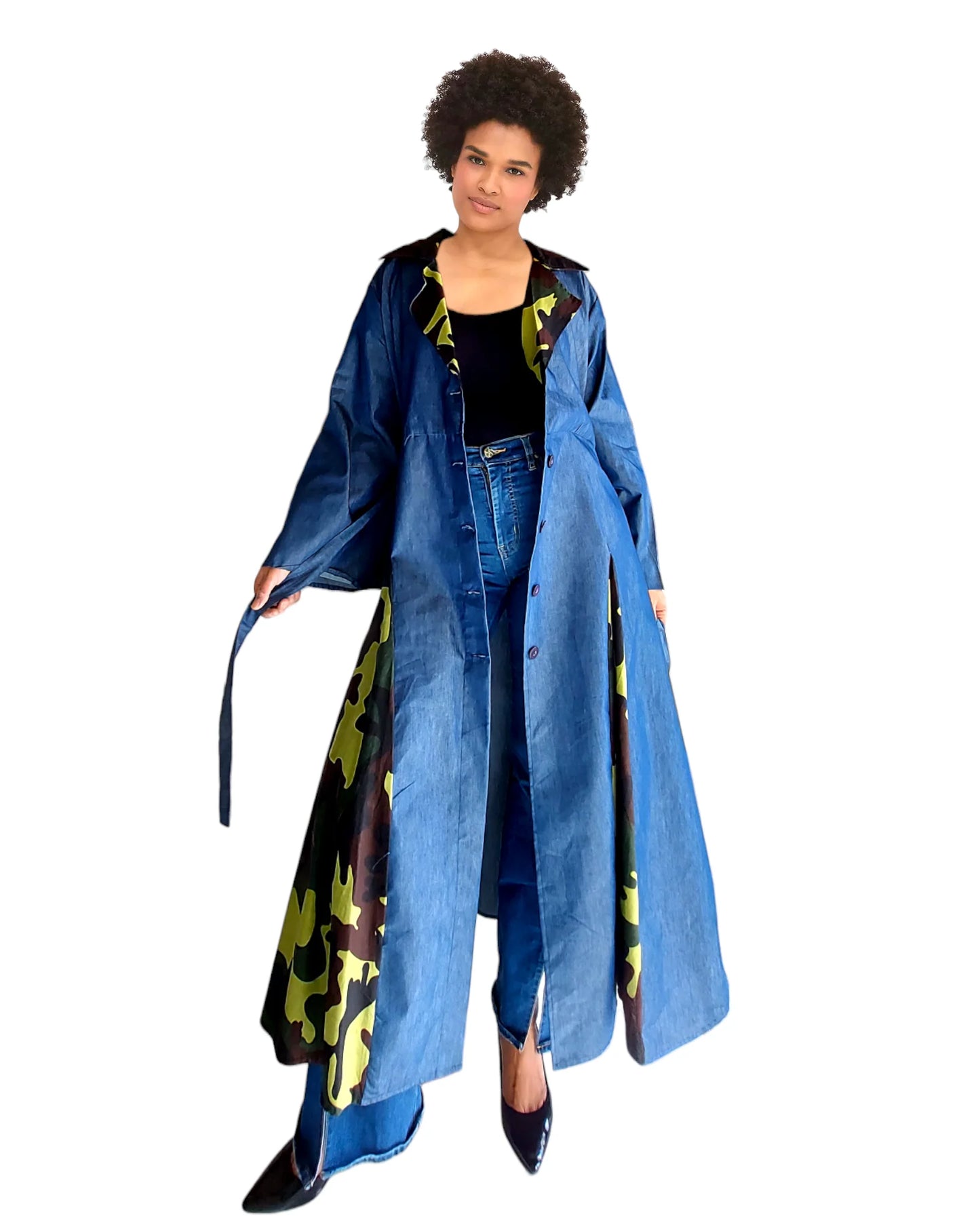 Denim Kimono Panel Dress - Camouflage Print