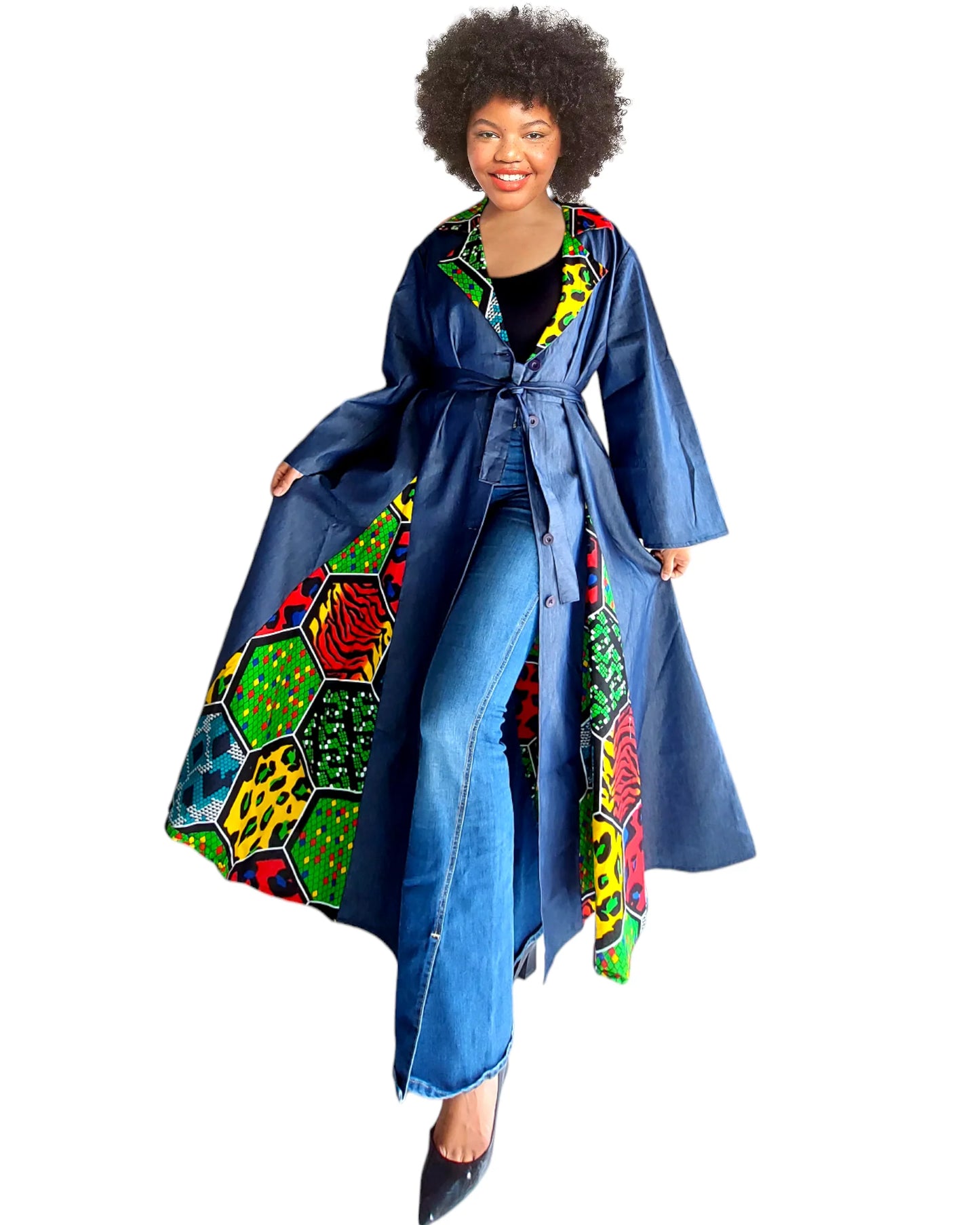 Denim Kimono Dress With Printed Panels