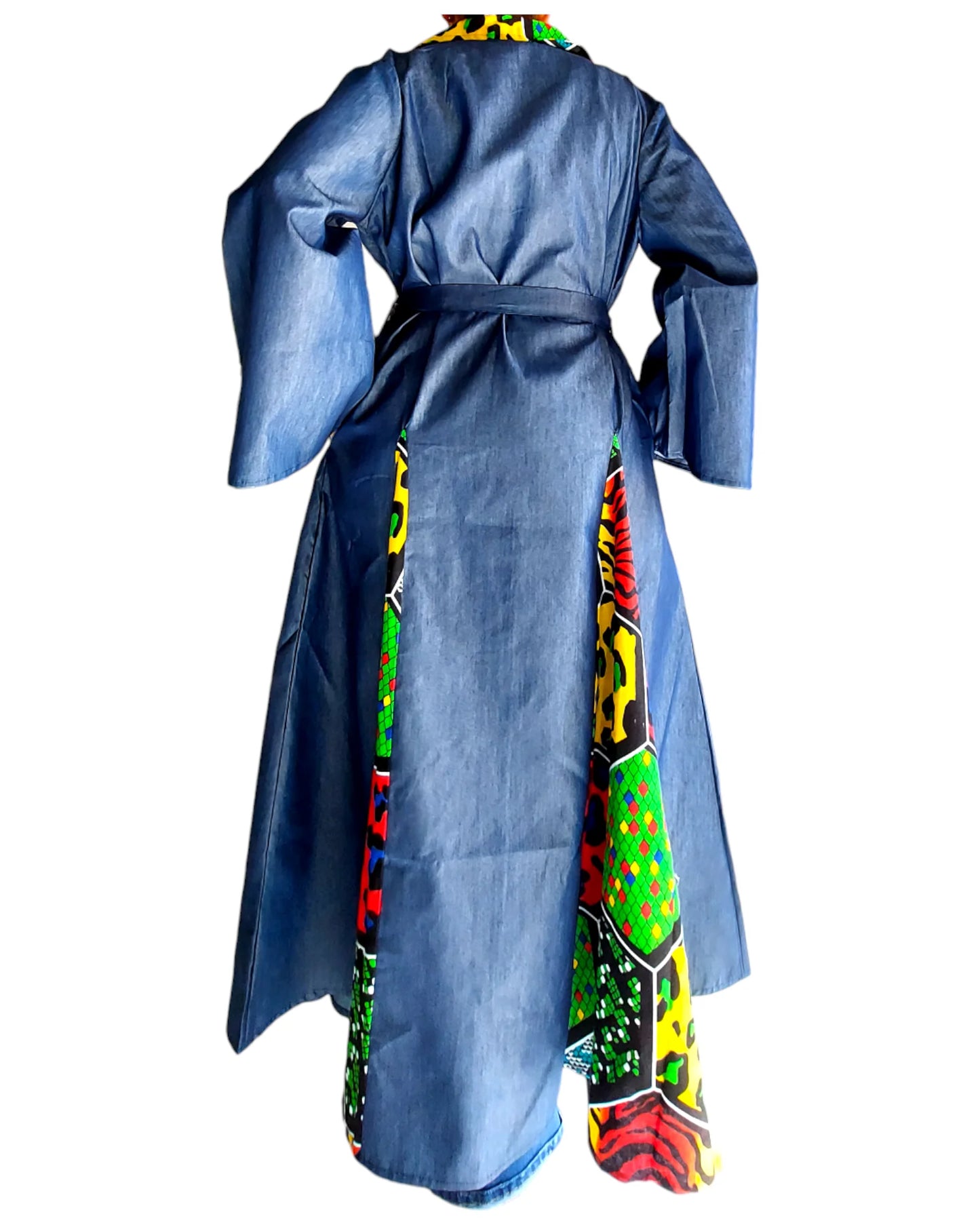 Denim Kimono Dress With Printed Panels