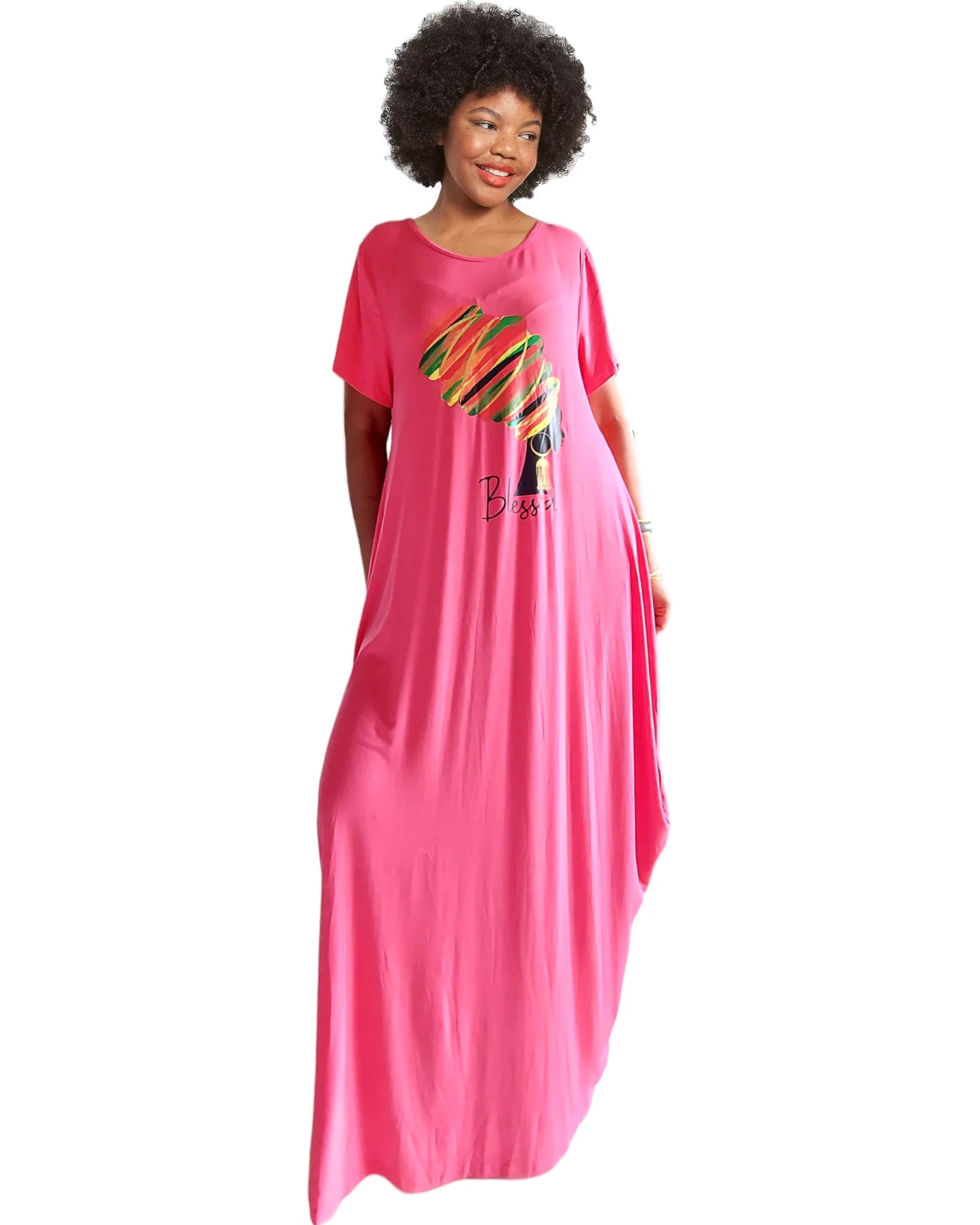 Blessed Afro Bubble Jersey Dress/Short Sleeve  Pink