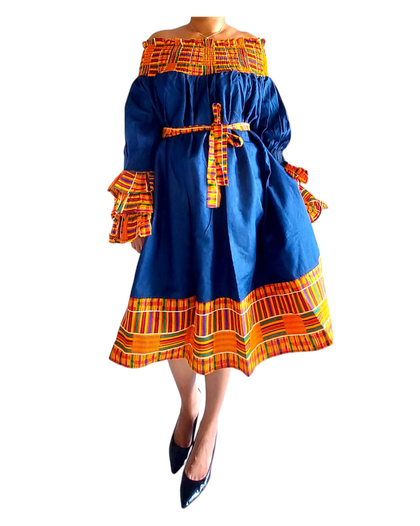 Denim/Kente Off Shoulder Mid-Length Dress