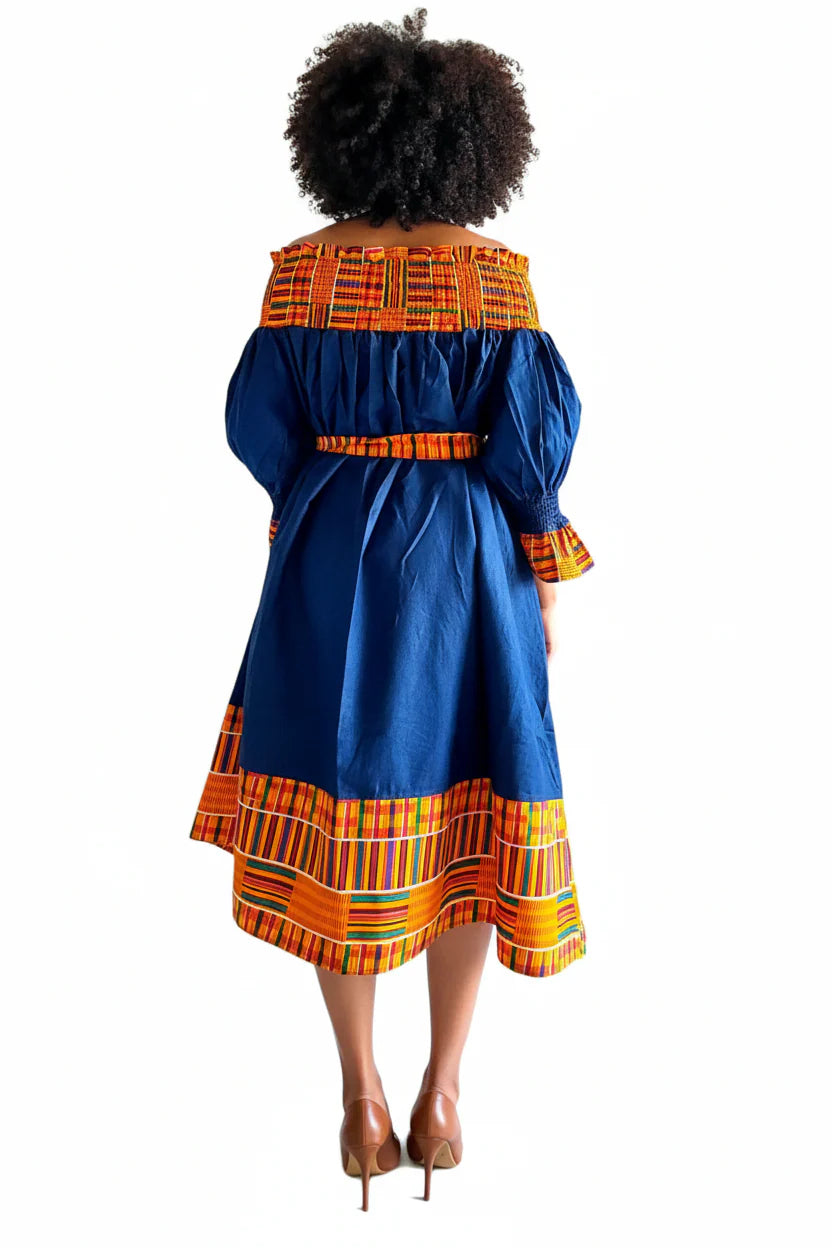 Denim/Kente Off Shoulder Mid-Length Dress