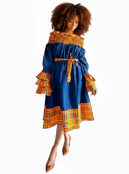 Denim/Kente Off Shoulder Mid-Length Dress