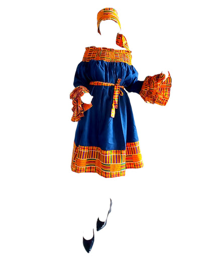 Denim/Kente Off Shoulder Mid-Length Dress