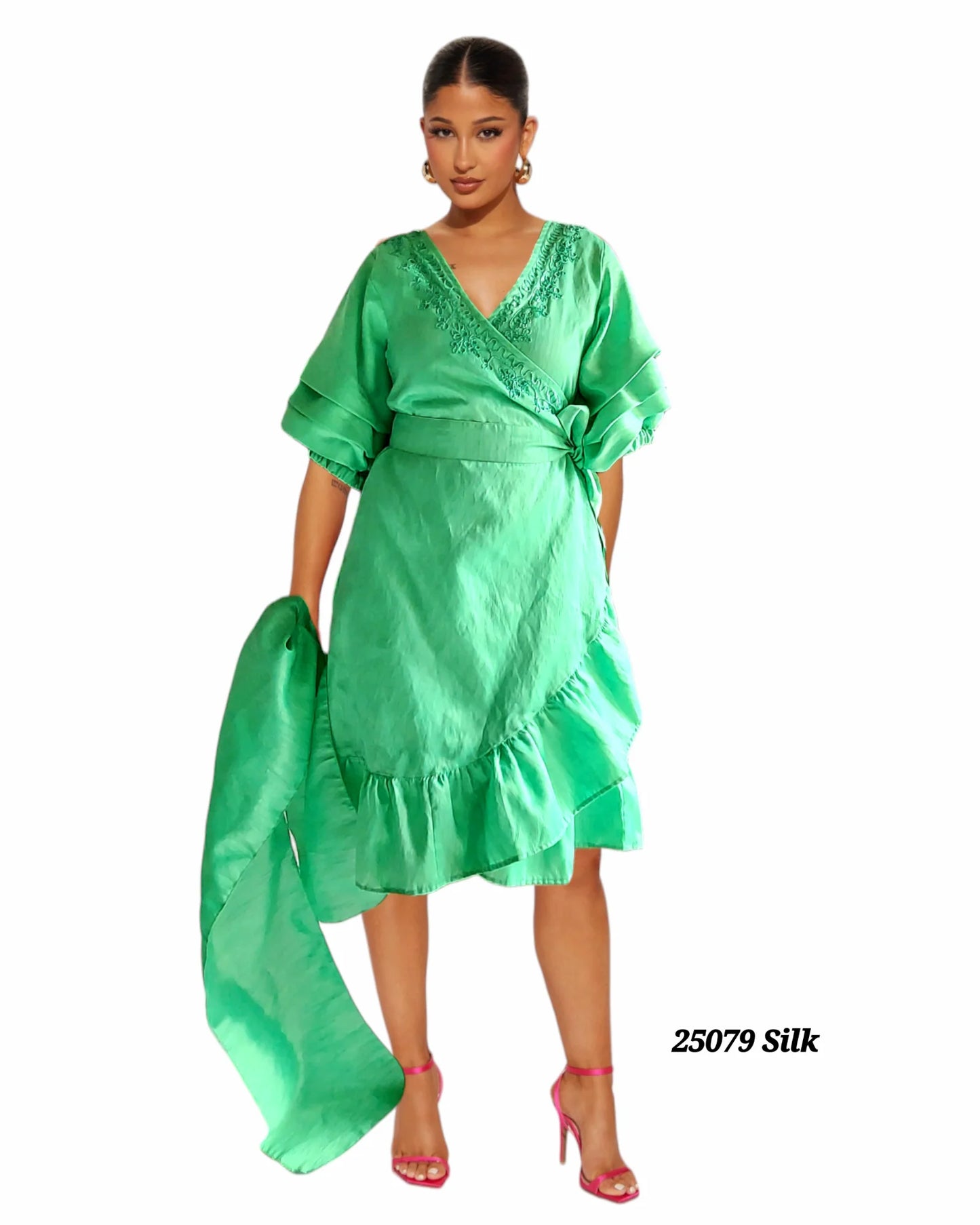Faux Silk Wrap Dress / Mid Length  Green