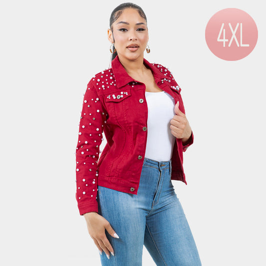 Pearl Bling Denim Jacket Red and Pearls