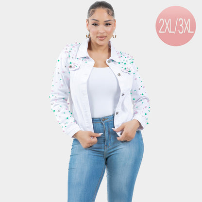 Pearl Bling Denim Jacket-Ping Green and White