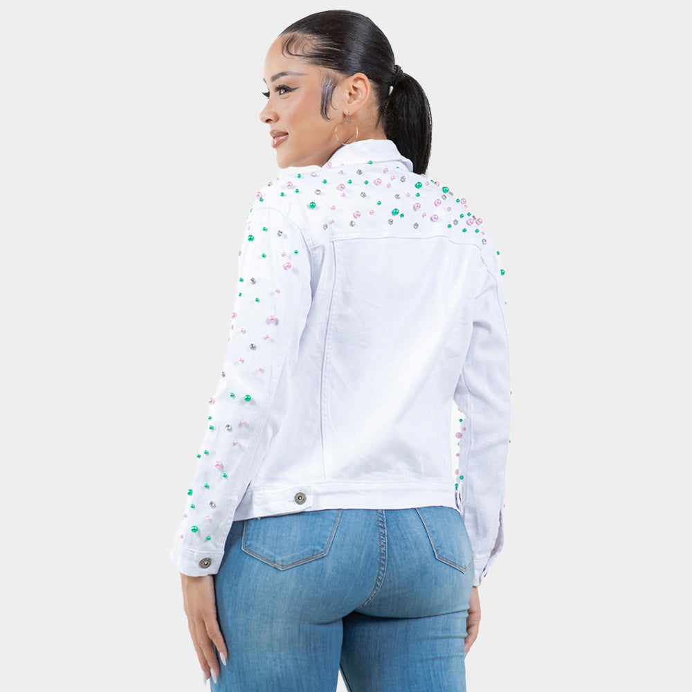 Pearl Bling Denim Jacket-Ping Green and White