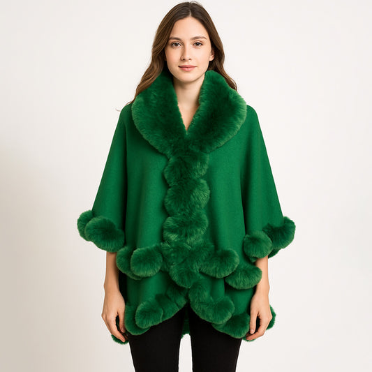 Elegant Faux Fur Trim Cape Poncho Green