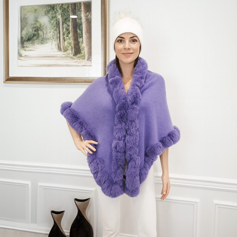 Elegant Faux Fur Trim Cape Poncho