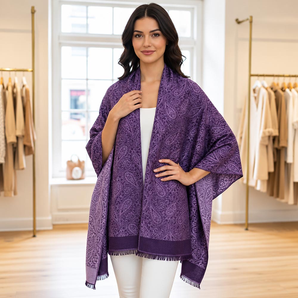 Purple Paisley Pattern Pashmina Feel Draped Wrap Scarf