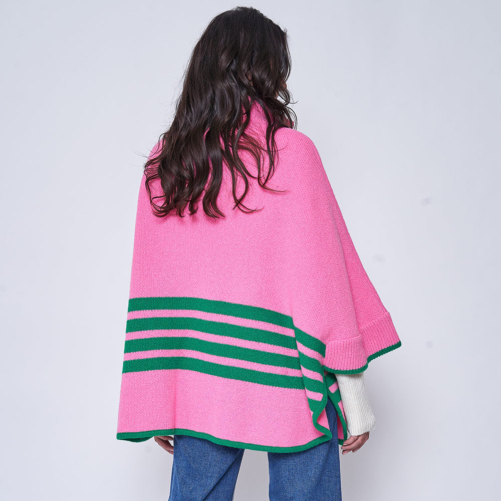 Sporty Bordered Zip Up Knit Cape Poncho Pink and Green