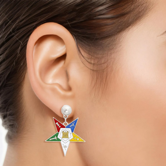 OES Sorority White Star Shield Drop Silver Earring