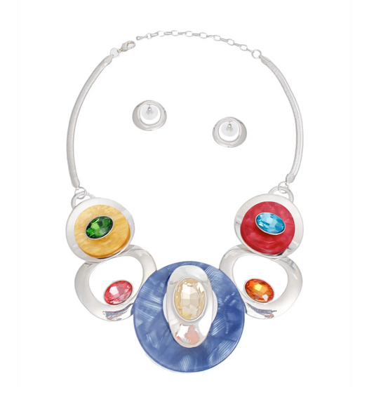 Multi-Color Swirled Silver Bib Necklace