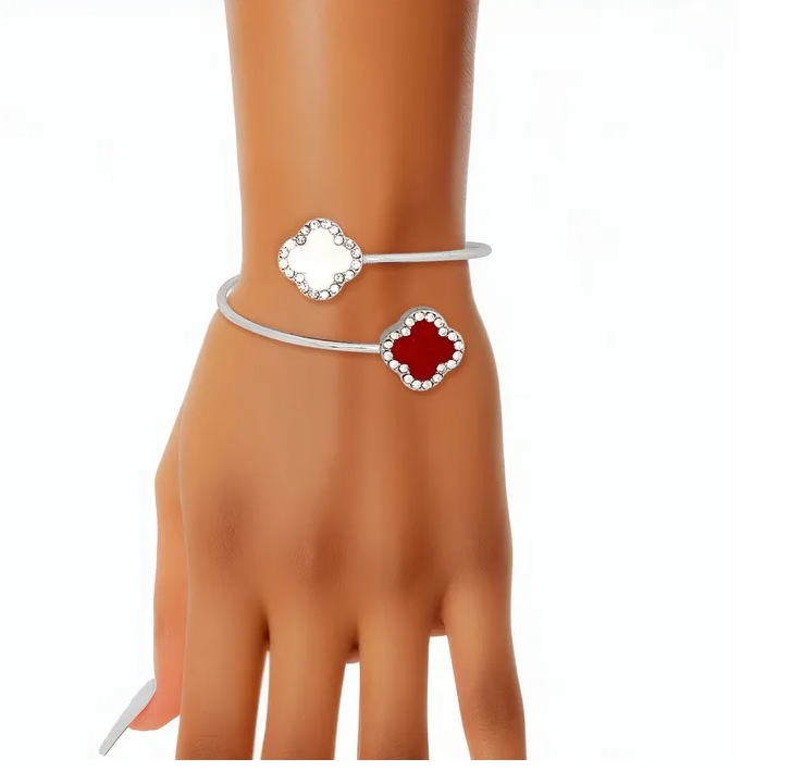 DST Sorority Red White Stone Clover Open Bangle